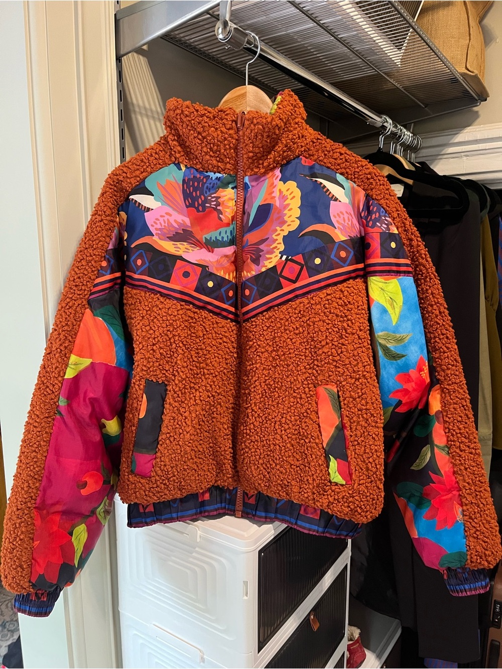 FARM Rio Rust Orange Sherpa Bomber with Vibrant Floral Panels